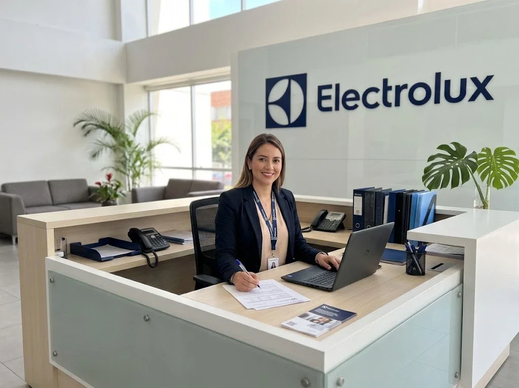 Asesora de servicio Electrolux atendiendo en el escritorio de la oficina - electrodoméstico Electrolux no funciona: servicio técnico en Panamá