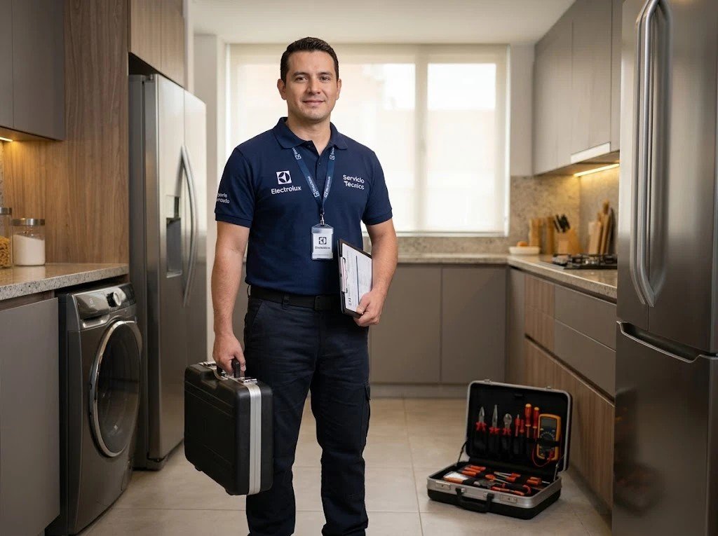 Técnico Electrolux de servicio a domicilio con maletín de herramientas en la cocina - servicio técnico Electrolux en Panamá
