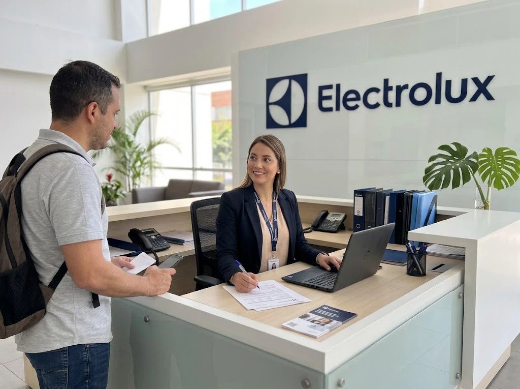 Asesora de servicio Electrolux atendiendo a un cliente en el mostrador - reparación de electrodomésticos Electrolux en Panamá