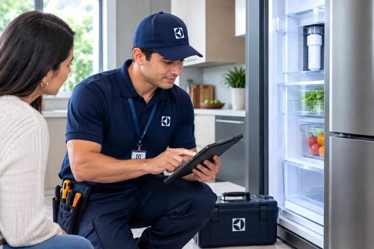 Técnico Electrolux revisando con la clienta el filtro de agua y los estantes de una nevera - técnico de electrodomésticos Electrolux a domicilio…