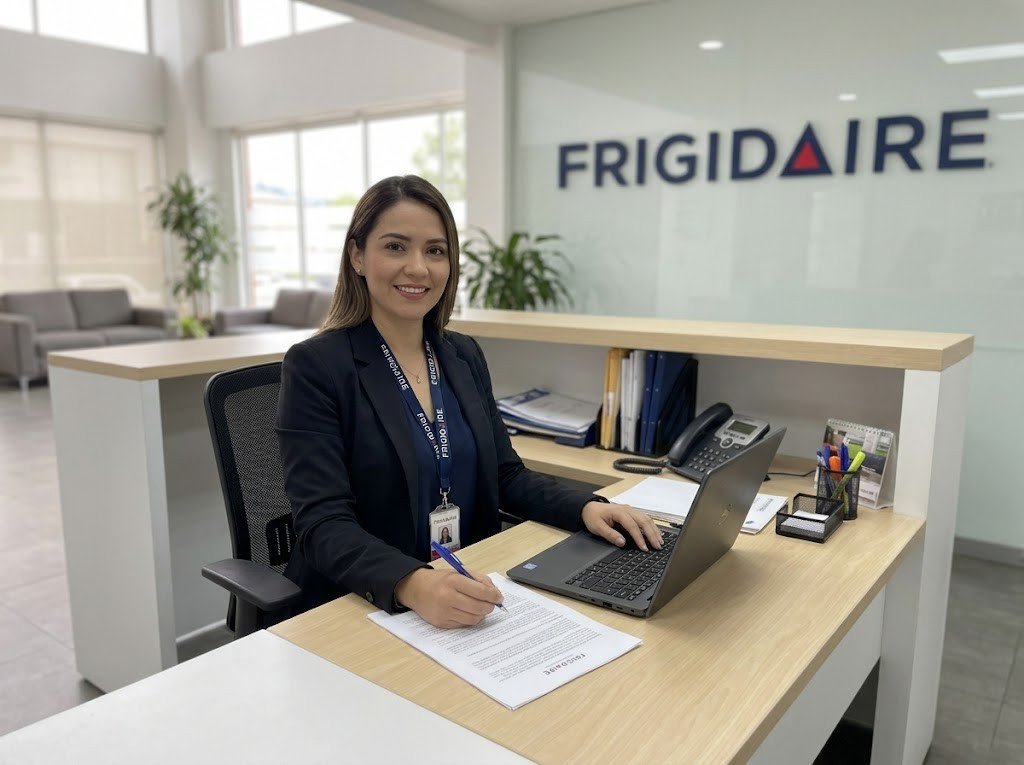 Asesora de servicio Frigidaire atendiendo en el escritorio de la oficina - reparación de electrodomésticos Frigidaire en Panamá