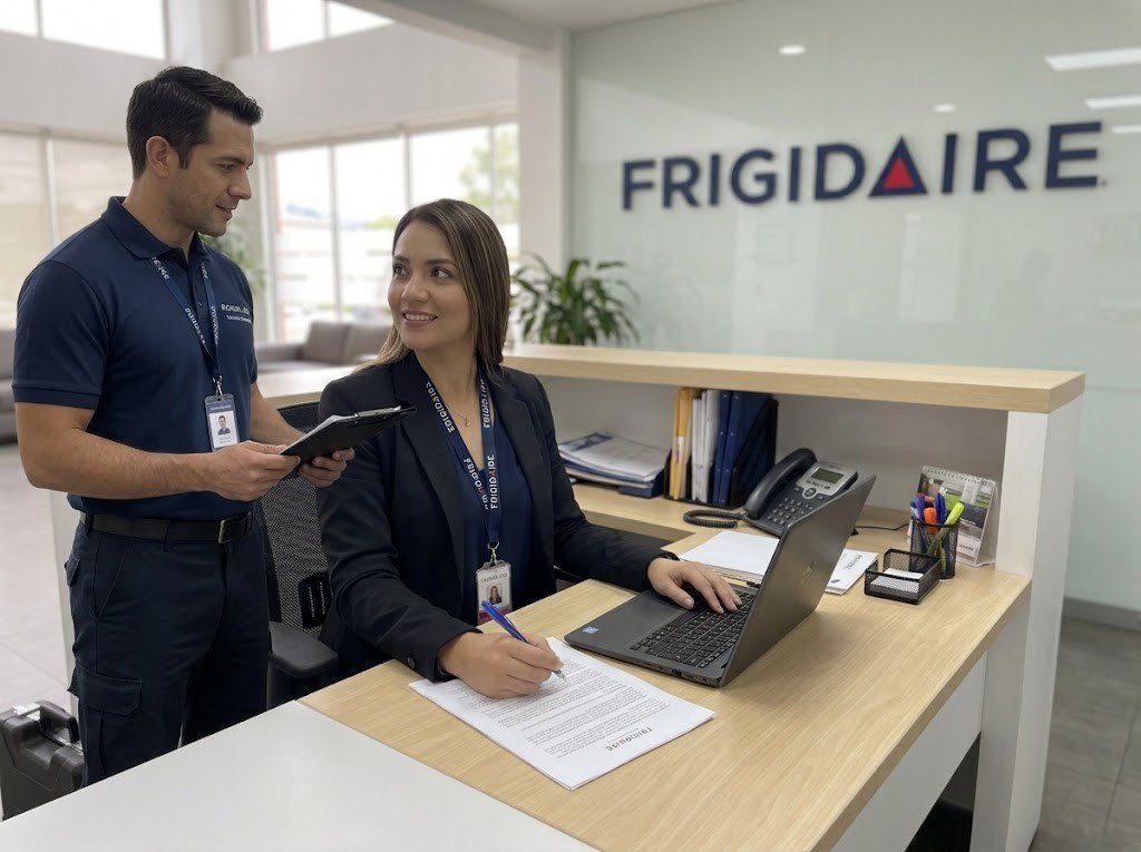 Técnico y asesora de servicio Frigidaire conversando en la oficina - técnico de electrodomésticos Frigidaire a domicilio en Panamá