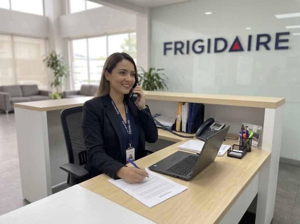 Asesora de servicio Frigidaire atendiendo una llamada - servicio técnico Frigidaire en Panamá