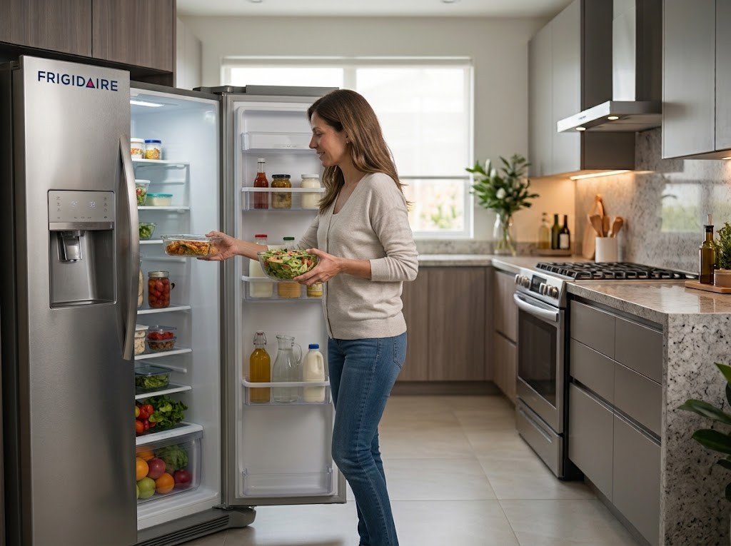 Clienta usando su nevera Frigidaire side by side en la cocina - servicio técnico Frigidaire en Panamá