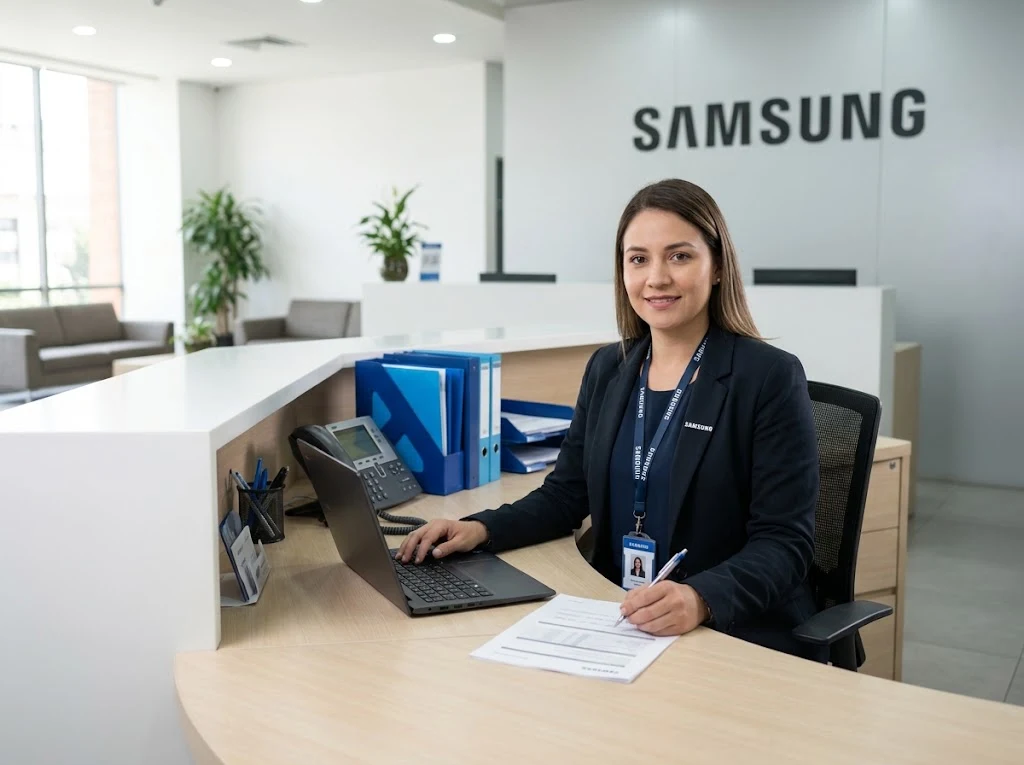Asesora de servicio atendiendo en el escritorio de la oficina - técnico de lavadoras Samsung a domicilio en Panamá
