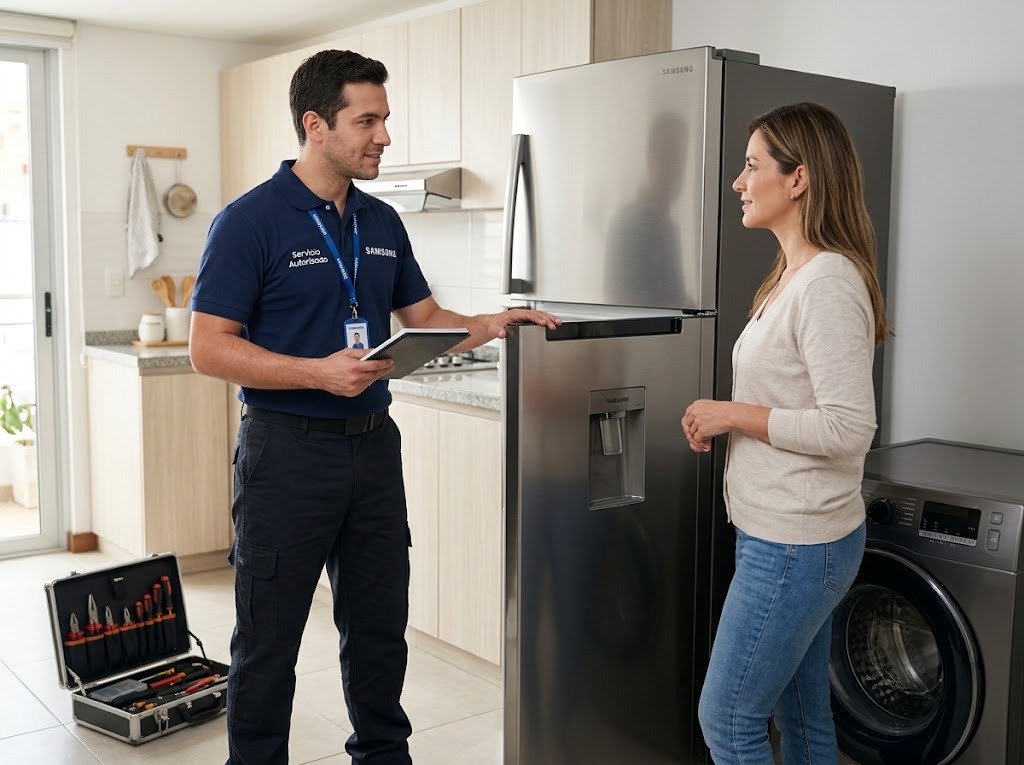 Técnico reparando una nevera Samsung - servicio técnico Samsung en Panamá