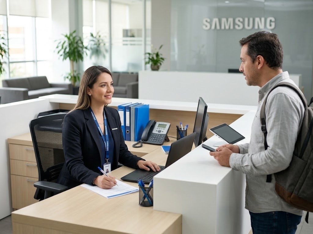 Técnico y asesora de servicio conversando en una oficina de atención al cliente - servicio técnico Samsung en Panamá