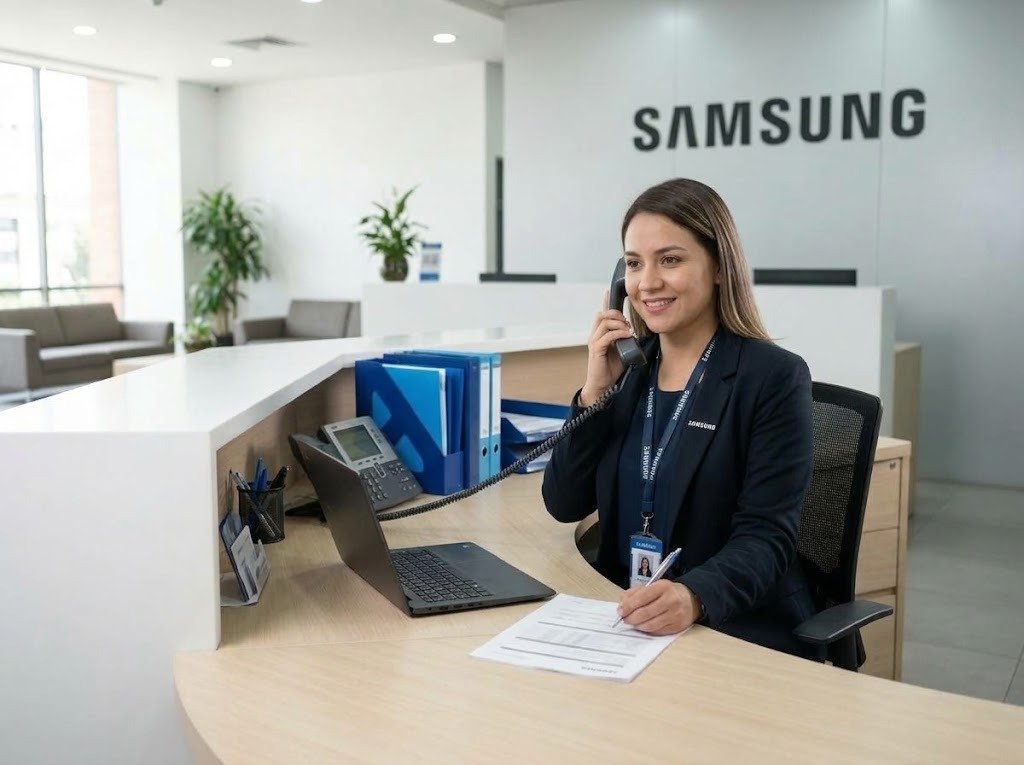 Técnico y asesora de servicio en una oficina de atención - servicio técnico Samsung en Panamá