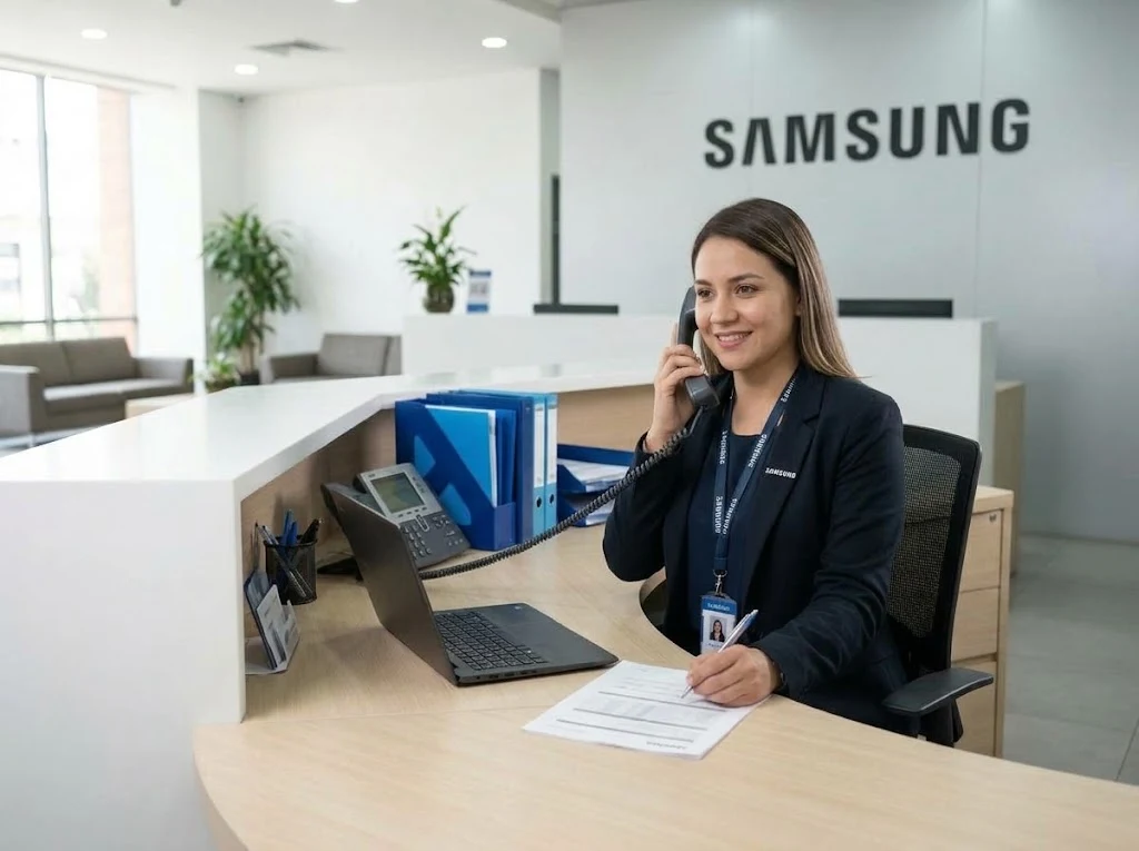 Técnico y asesora de servicio en una oficina de atención - reparación de electrodomésticos Samsung en Panamá