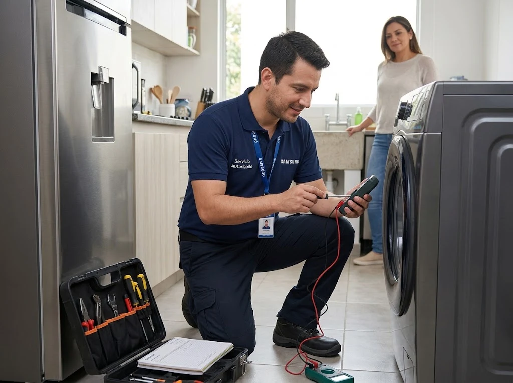 Técnico reparando una lavadora Samsung de carga frontal - electrodoméstico Samsung no funciona: servicio técnico en Panamá