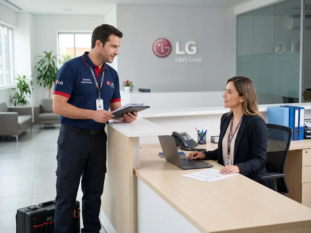 Técnico y asesora de servicio conversando en una oficina de atención al cliente - técnico de electrodomésticos LG a domicilio en Avenida Balboa,…