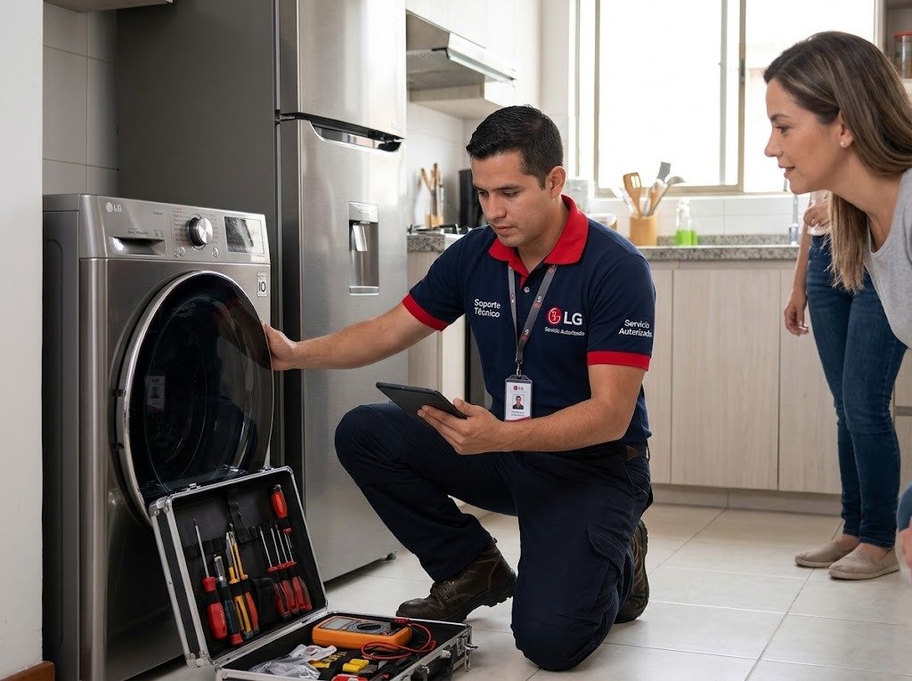 Técnico reparando una lavadora LG de carga frontal - servicio técnico LG en Panamá