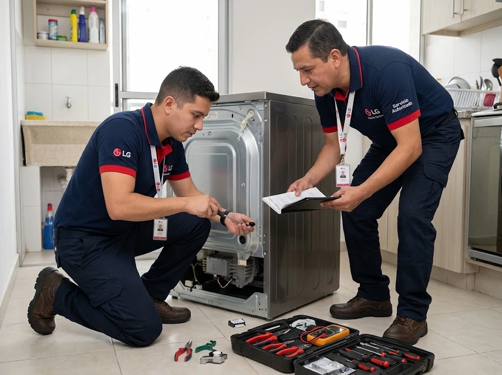 Técnico revisando una lavadora LG - técnico de lavadoras LG a domicilio en Panamá