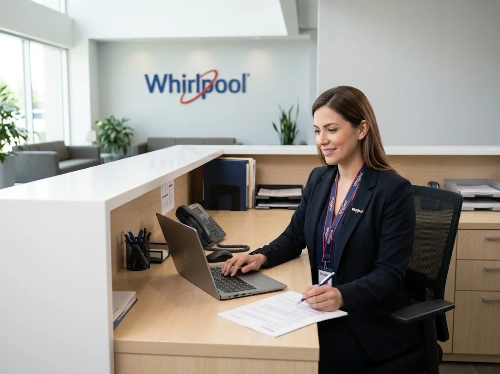 Técnico y asesora de servicio en una oficina de atención - reparación de electrodomésticos Whirlpool en Panamá